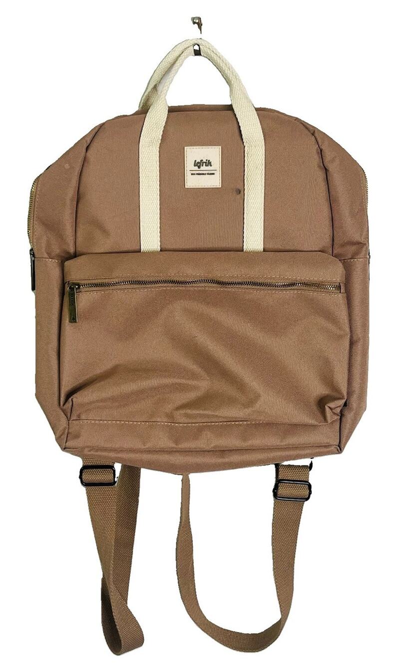 Lefrik Vegan Recycled Backpack Tote Khaki 12” x 13” x 3” Eco-Friendly Adjustable